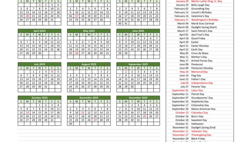 2025 Calendar With Holidays Template A Comprehensive Guide Excel