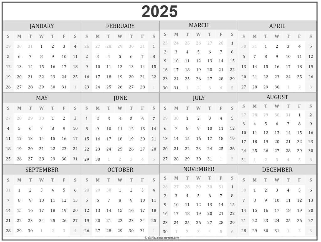 2025 Year Calendar Yearly Printable