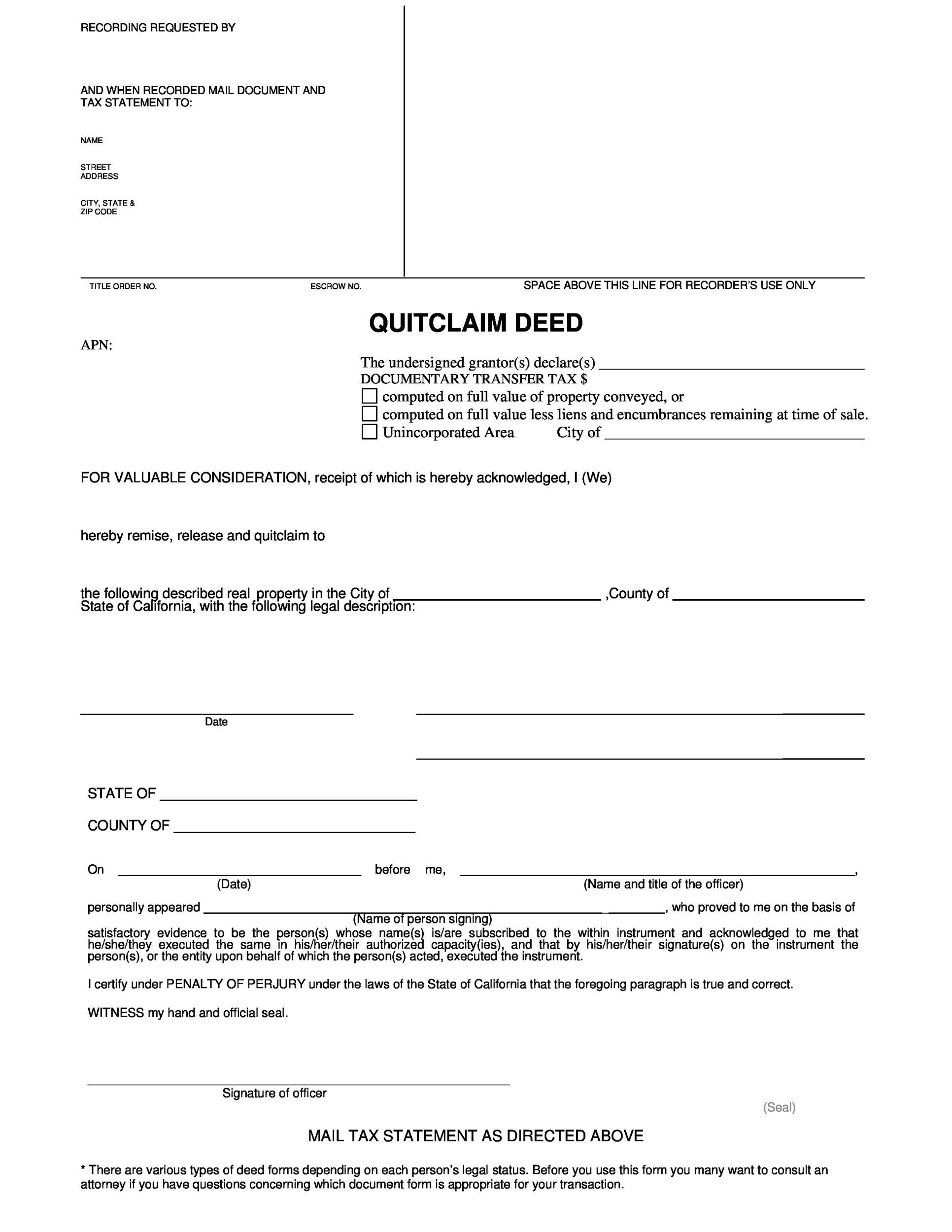 46 Free Quit Claim Deed Forms Templates Template Lab