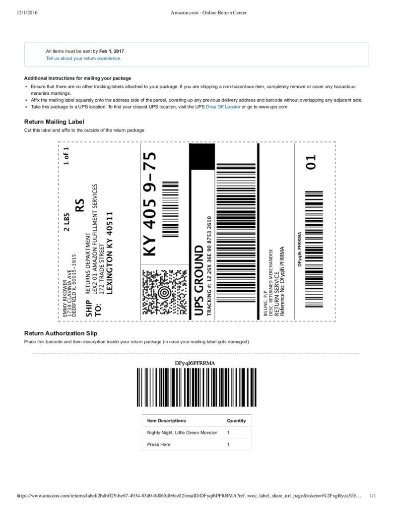 Amazon Printable Return Label