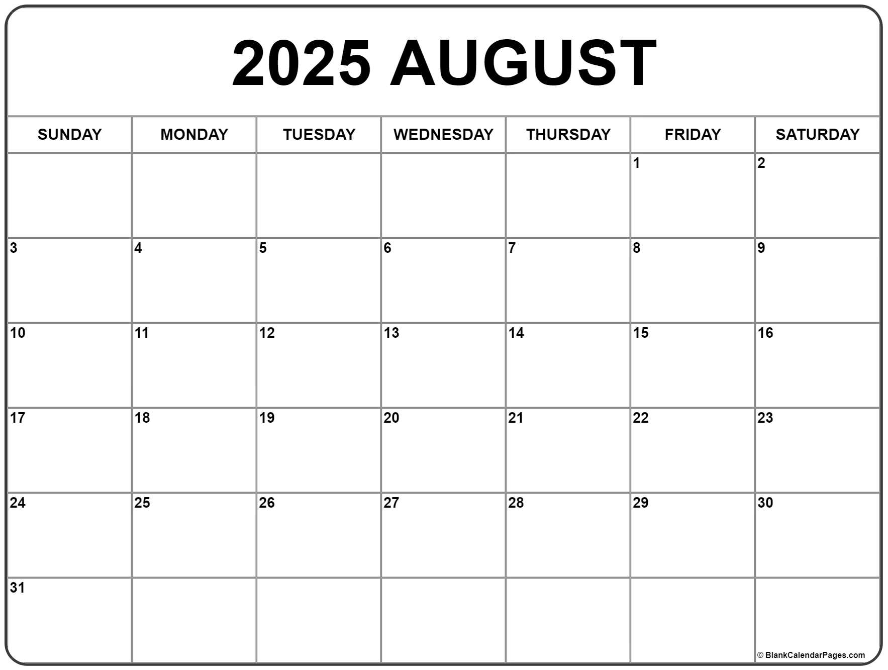 August 2025 Calendar Free Printable Calendars