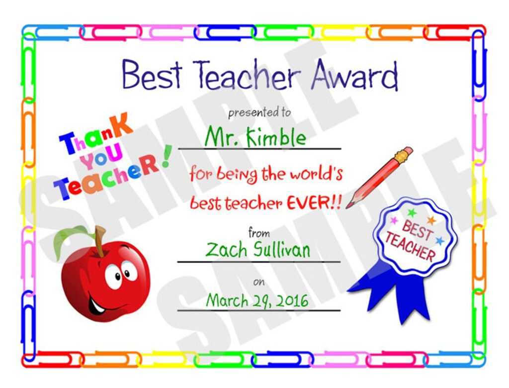 Best Teacher Certificate Printable