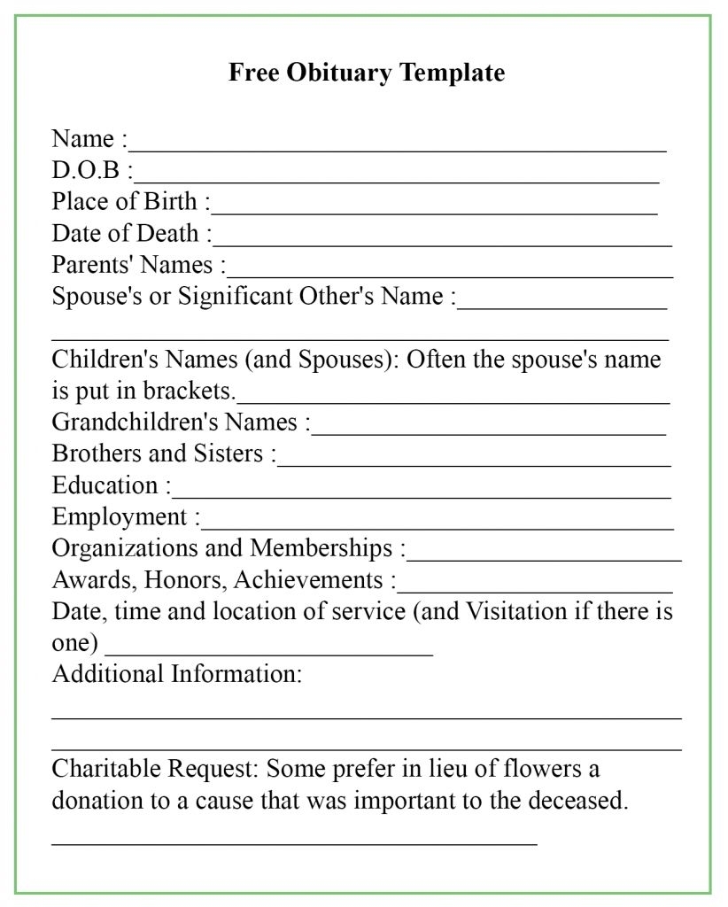 Blank Printable Obituary Template Fillable Form 2024