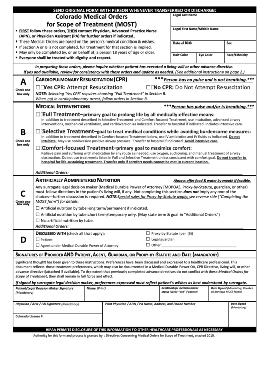 Colorado Medical Orders For Scope Of Treatment Most Form Printable 