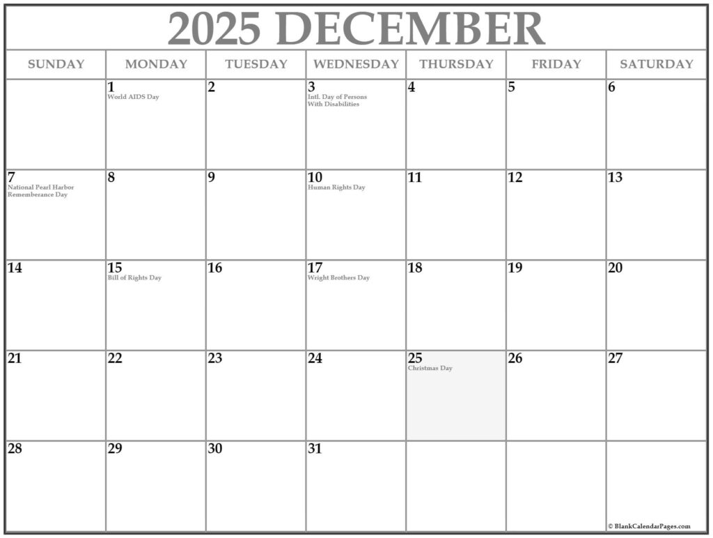 December 2025 With Holidays Calendar