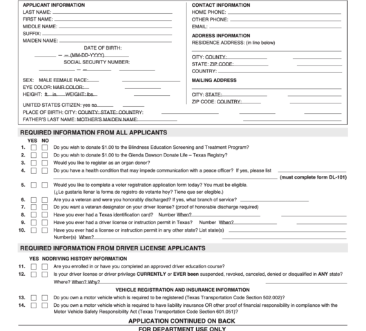 Fillable Form Dl 14a Application For Texas Driver License Or