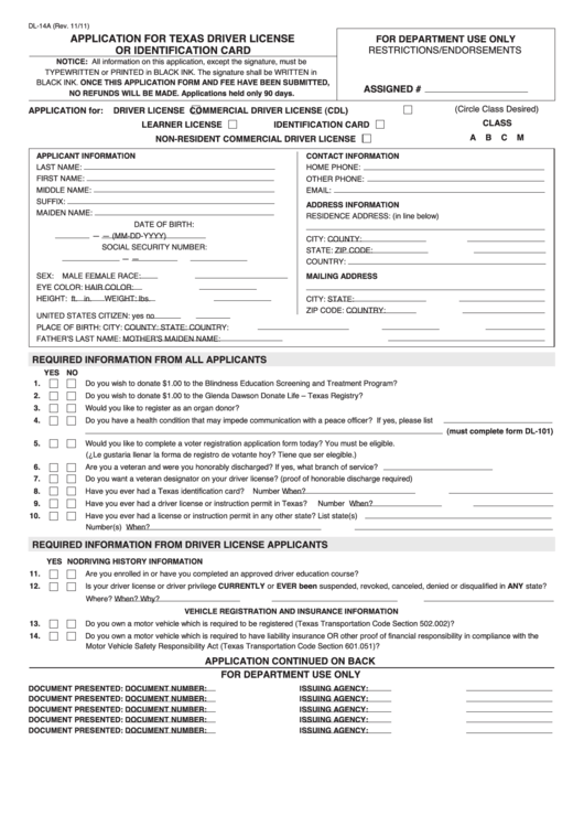 Fillable Form Dl 14a Application For Texas Driver License Or 