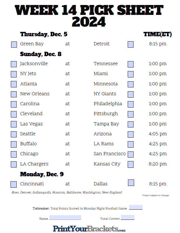 Fillable Week 14 NFL Pick em Sheet 2024