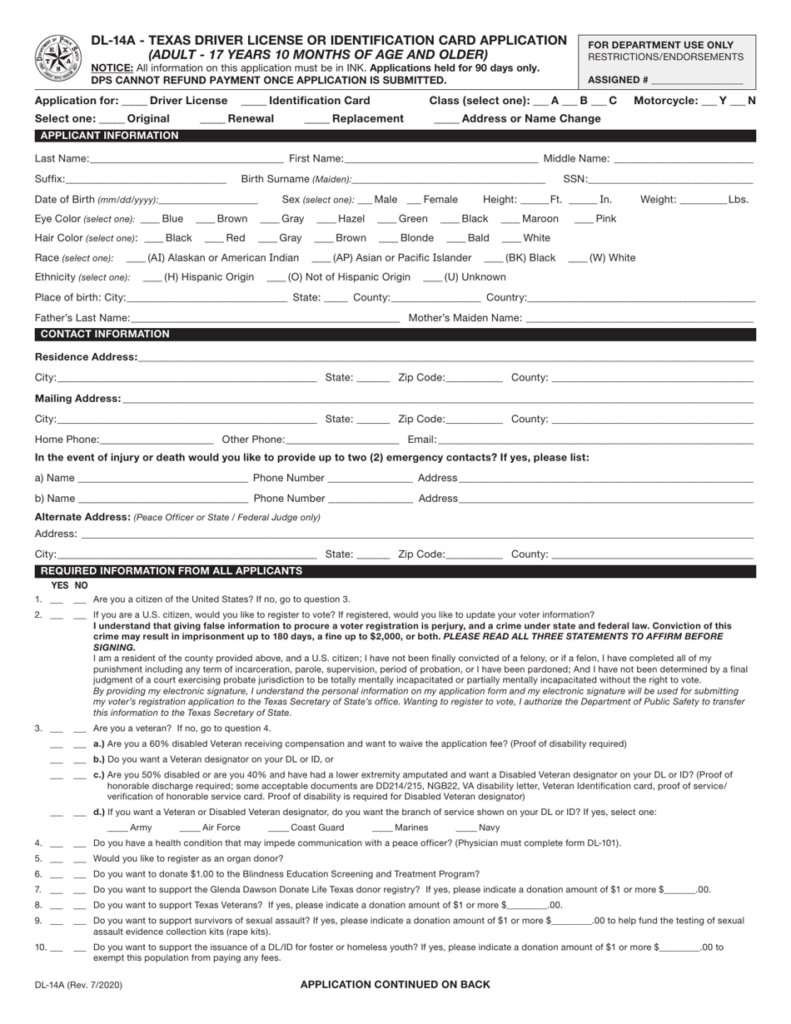 Form DL 14A Download Fillable PDF Or Fill Online Texas Driver License 