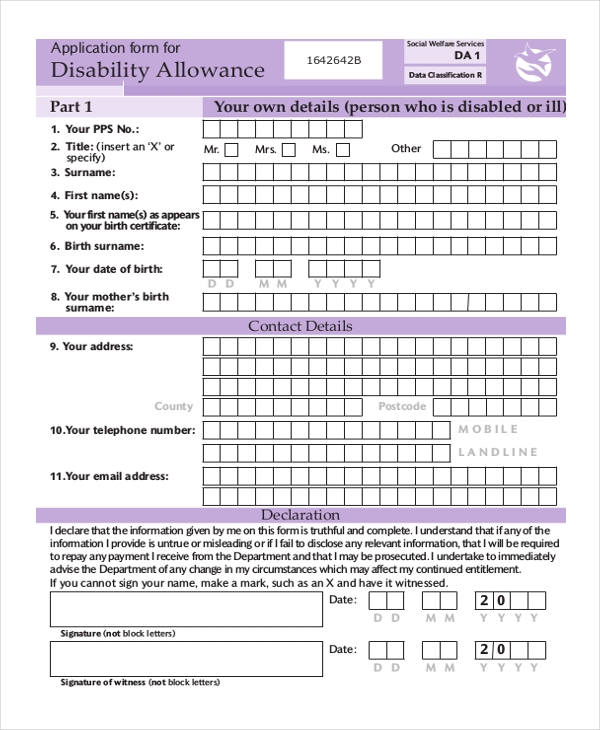 FREE 8 Sample Disability Application Forms In PDF