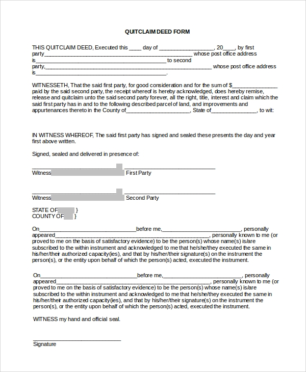 FREE 8 Sample Quick Claim Deed Forms In PDF MS Word