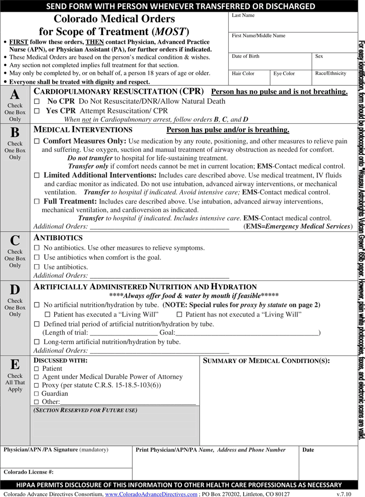 Free Colorado Medical Orders For Scope Of Treatment MOST Form PDF 