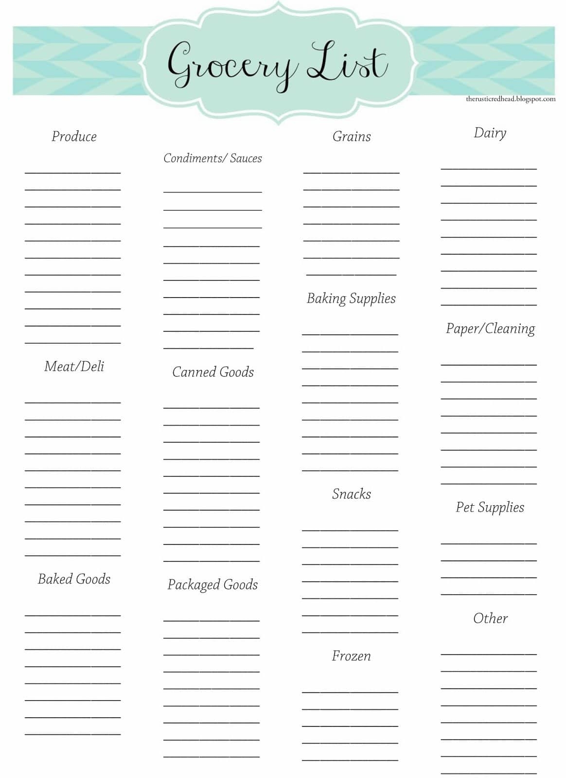 Free Grocery List Printable