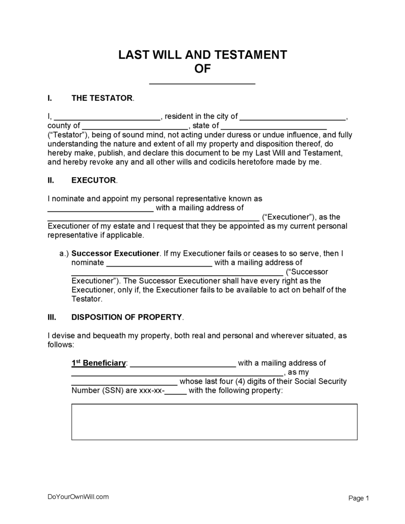 Free Last Will And Testament Form PDF WORD ODT