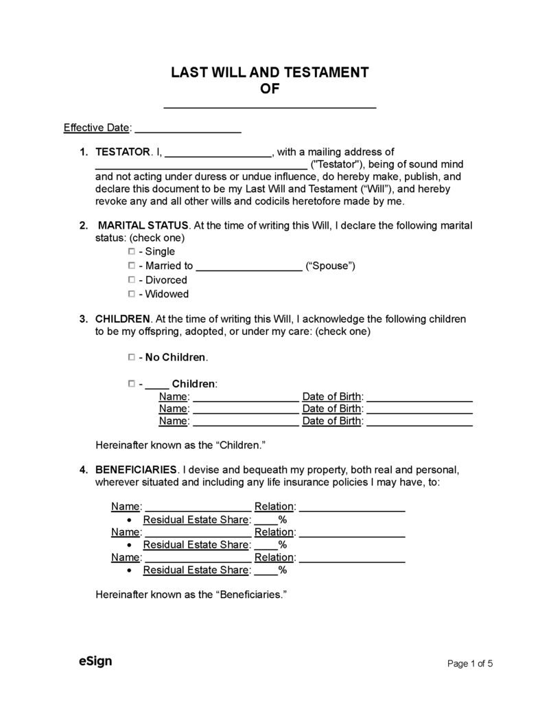 Free Last Will And Testament Templates 2 PDF Word