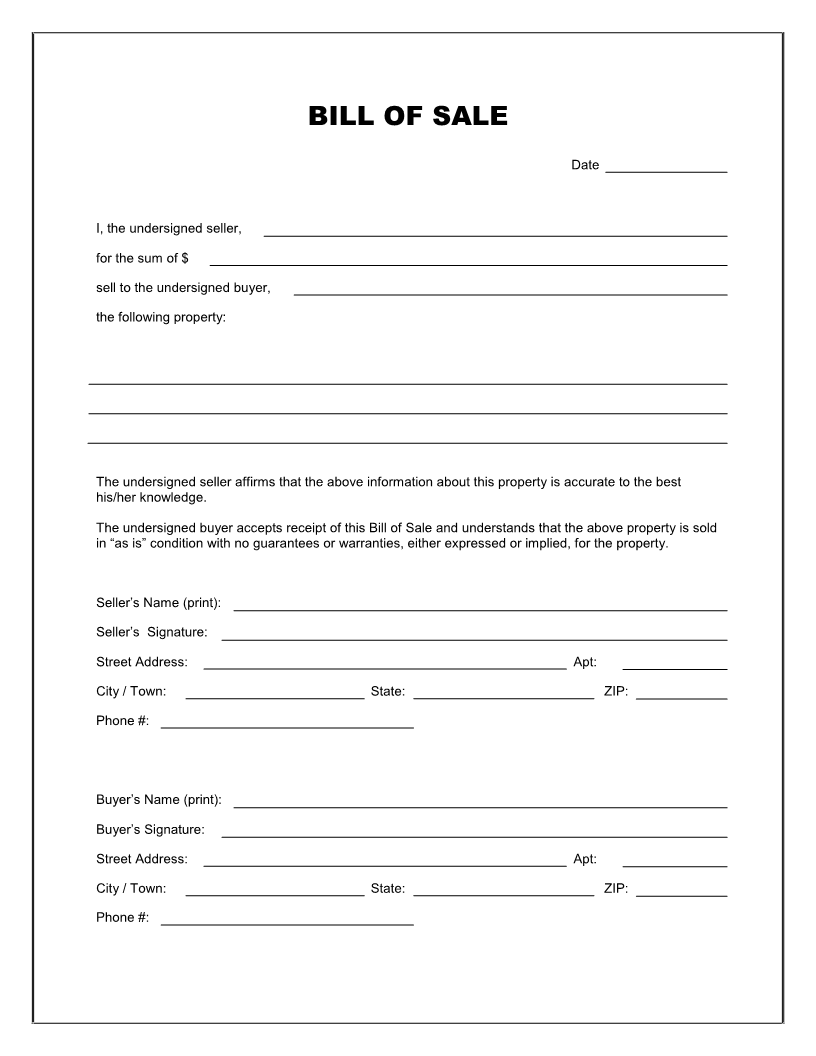 Free Printable Bill Of Sale Templates Form GENERIC