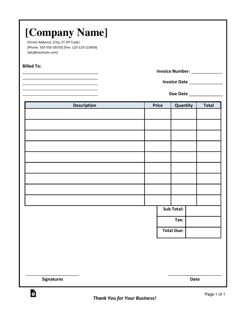 Free Printable Blank Invoice Templates