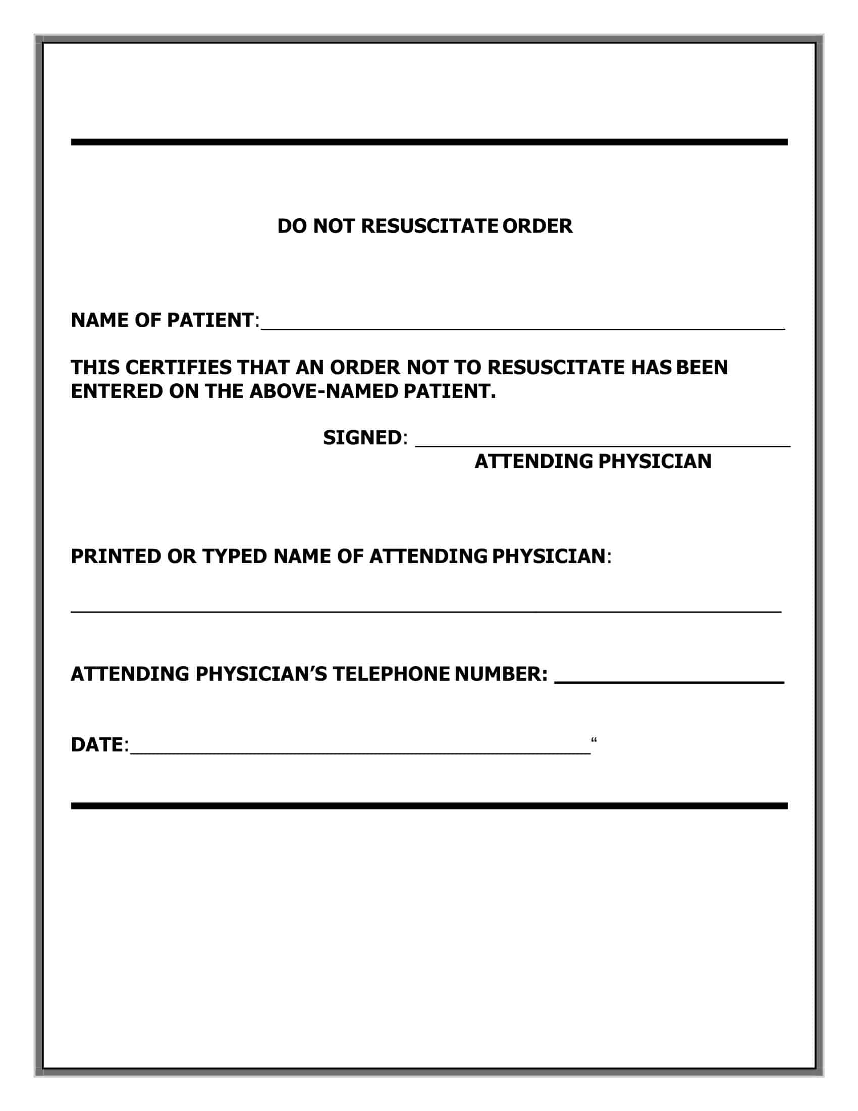 Free Printable Do Not Resuscitate DNR Order Form PDF Word