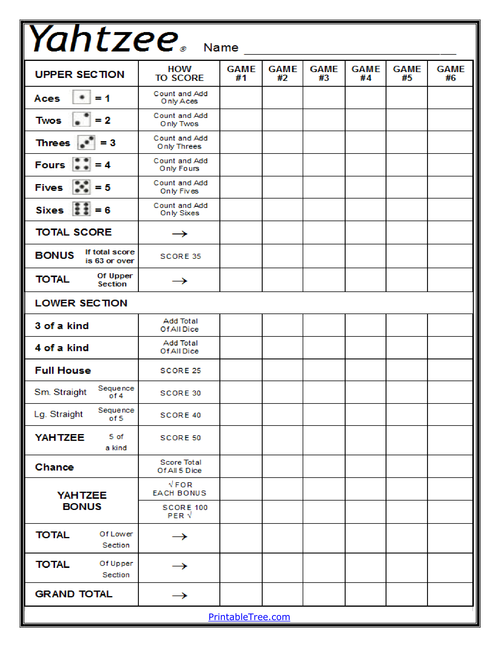 Free Printable Yahtzee Score Card Sheets PDF Templates