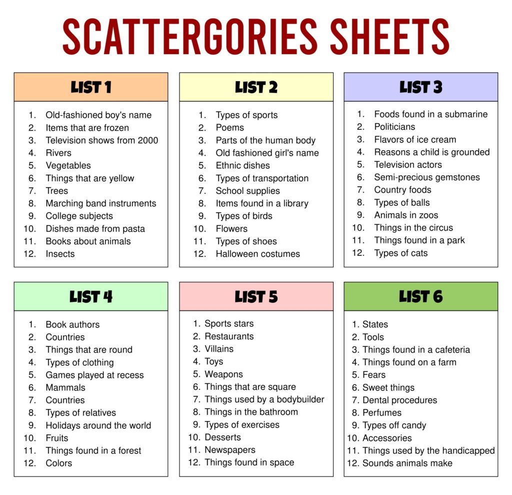 Free Scattergories Printable Lists Artofit