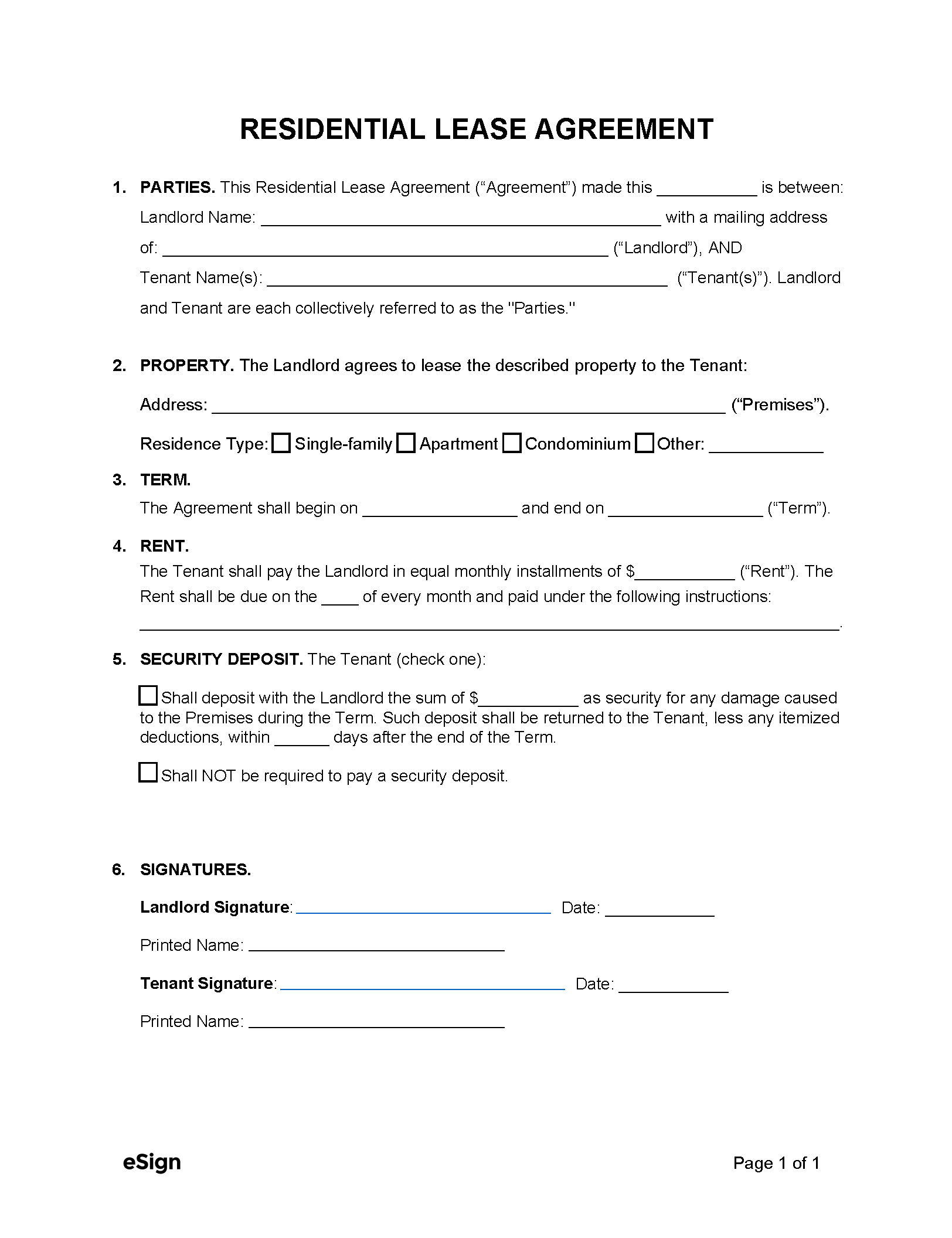 Free Simple 1 Page Lease Agreement Template PDF Word