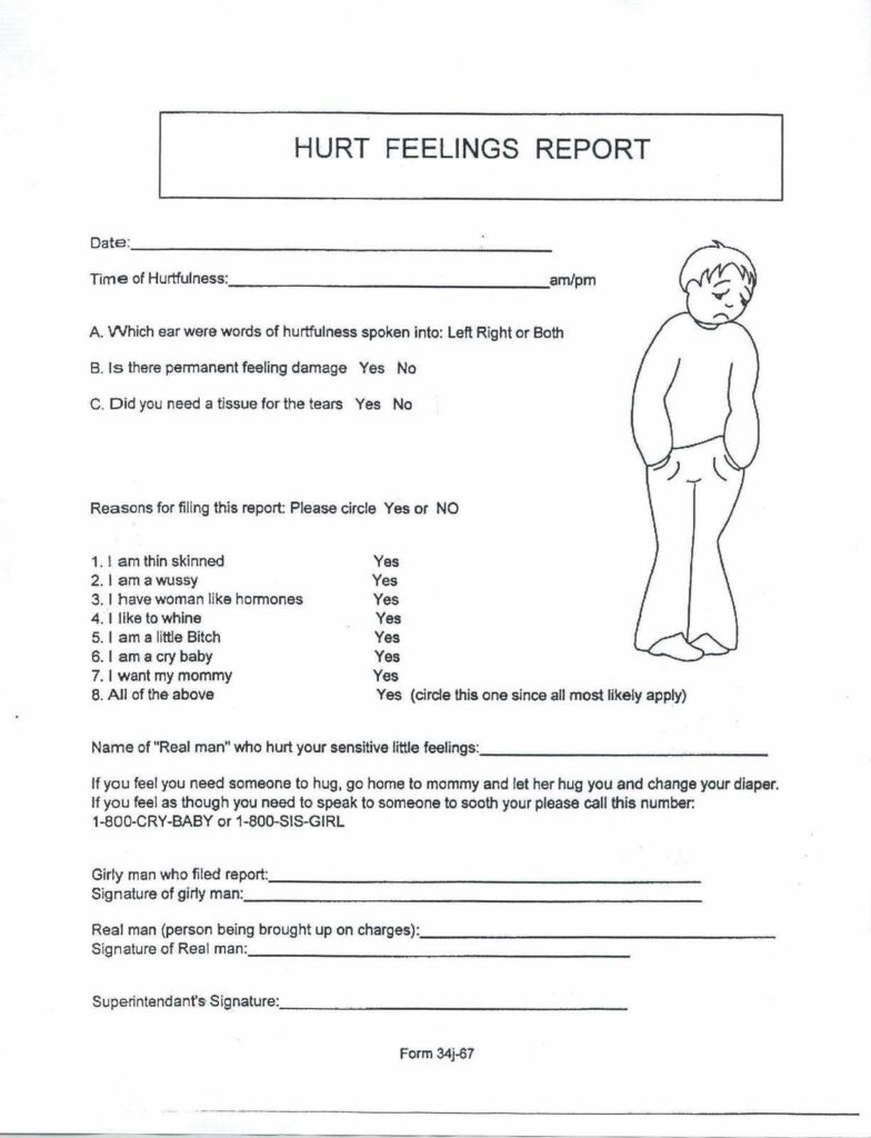 Hurt Feelings Report Form Printable Work