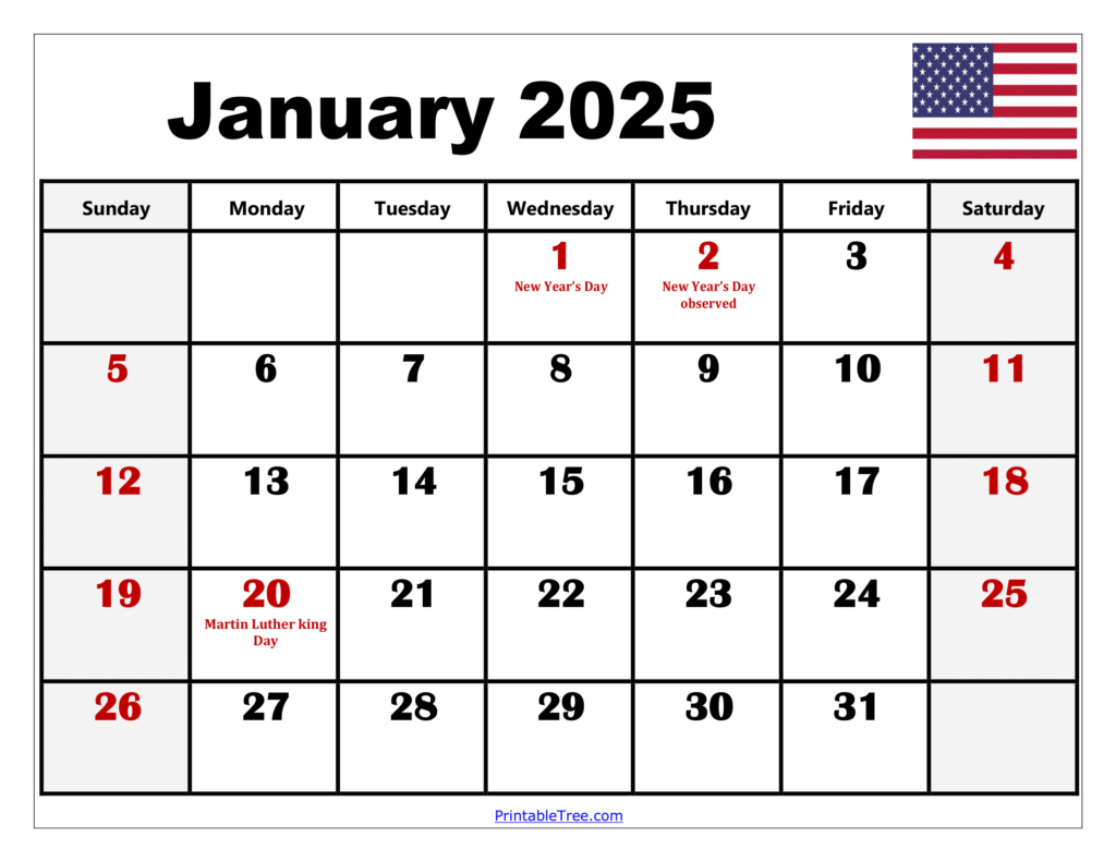 January 2025 Calendar Printable PDF Template With Holidays