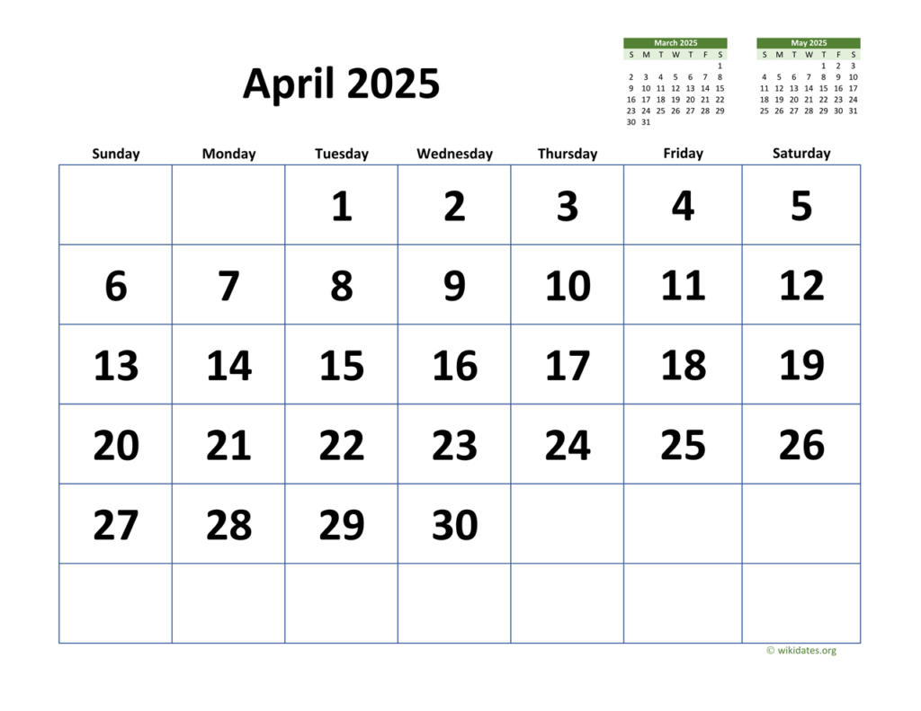 Large Print Calendar For April 2025 Printable Free Teddi Lorrie