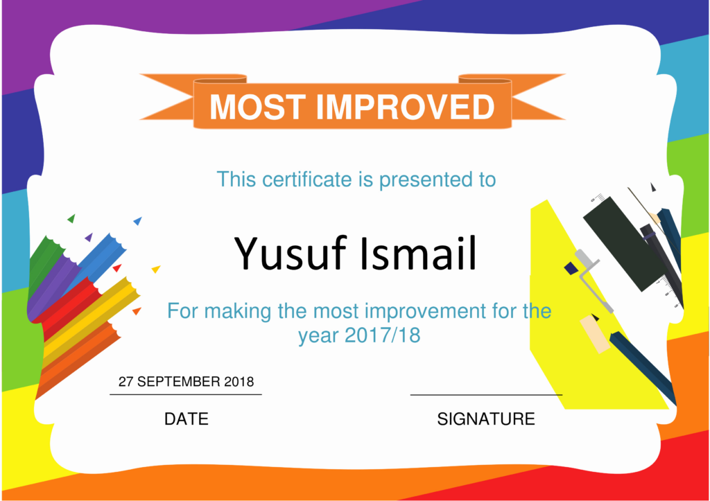 Most Improved Student Certificate