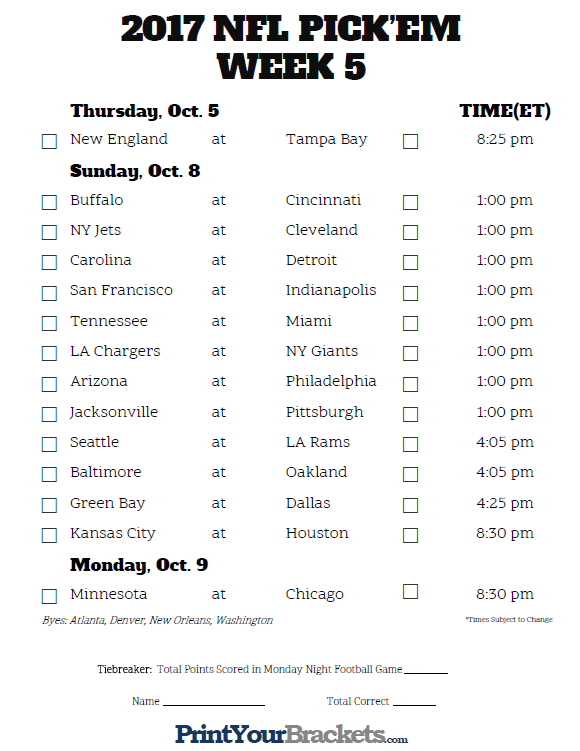 Nfl Printable Pick Sheets