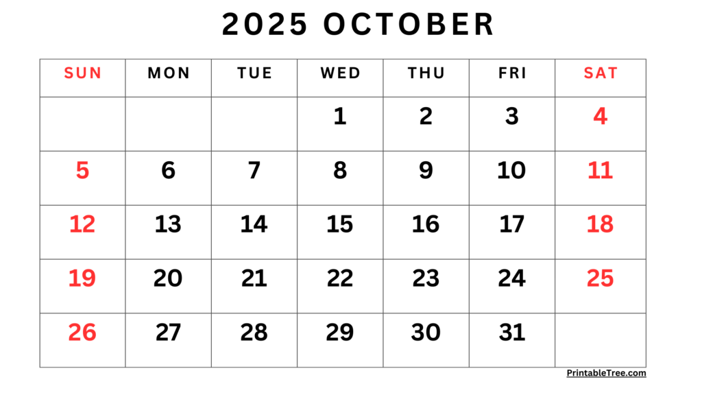 October 2025 Calendar Printable PDF Template With Holidays