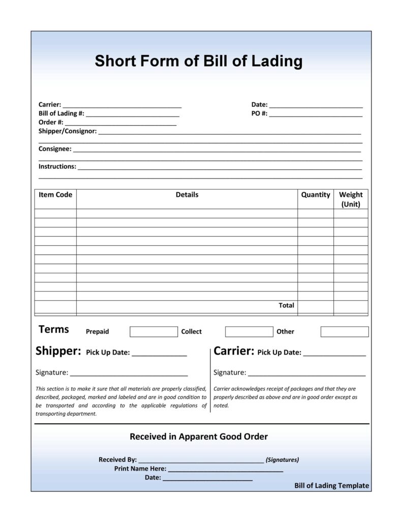 Printable Blank Bill Of Lading