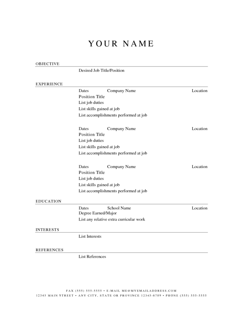 Printable Downloadable Blank Resume Template