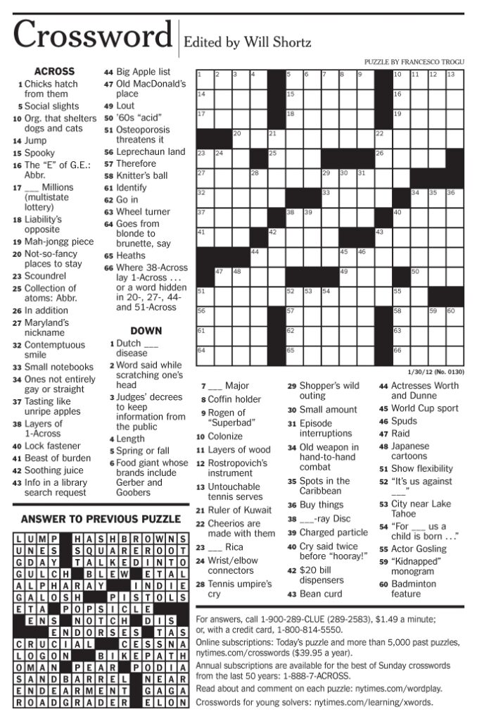 Printable New York Times Crossword Puzzles