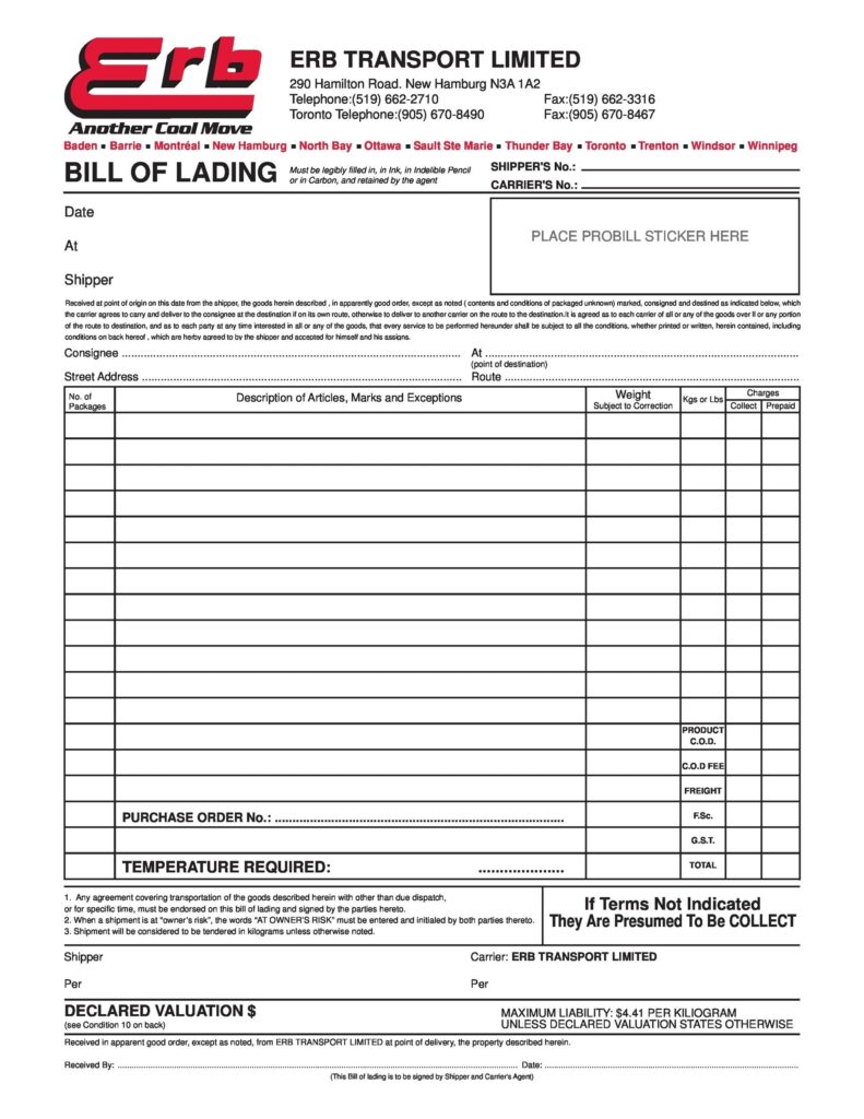 Printable Template Bill Of Lading Form Printable Forms Free Online