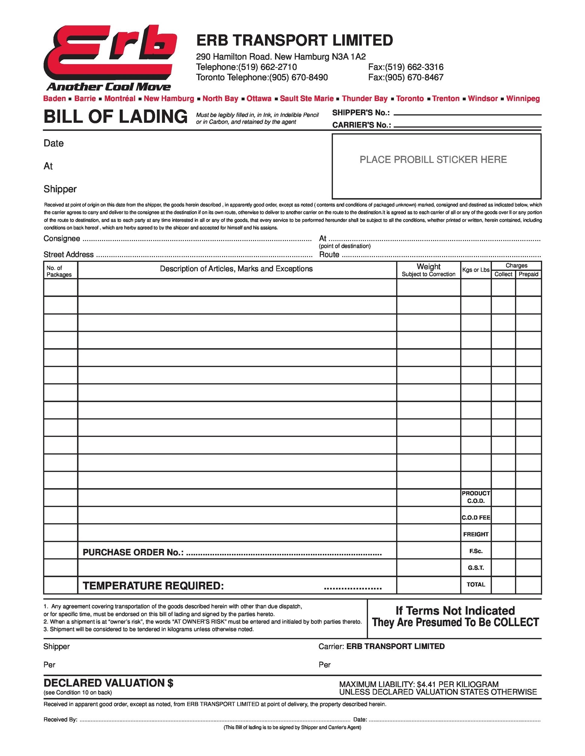 Printable Template Bill Of Lading Form Printable Forms Free Online