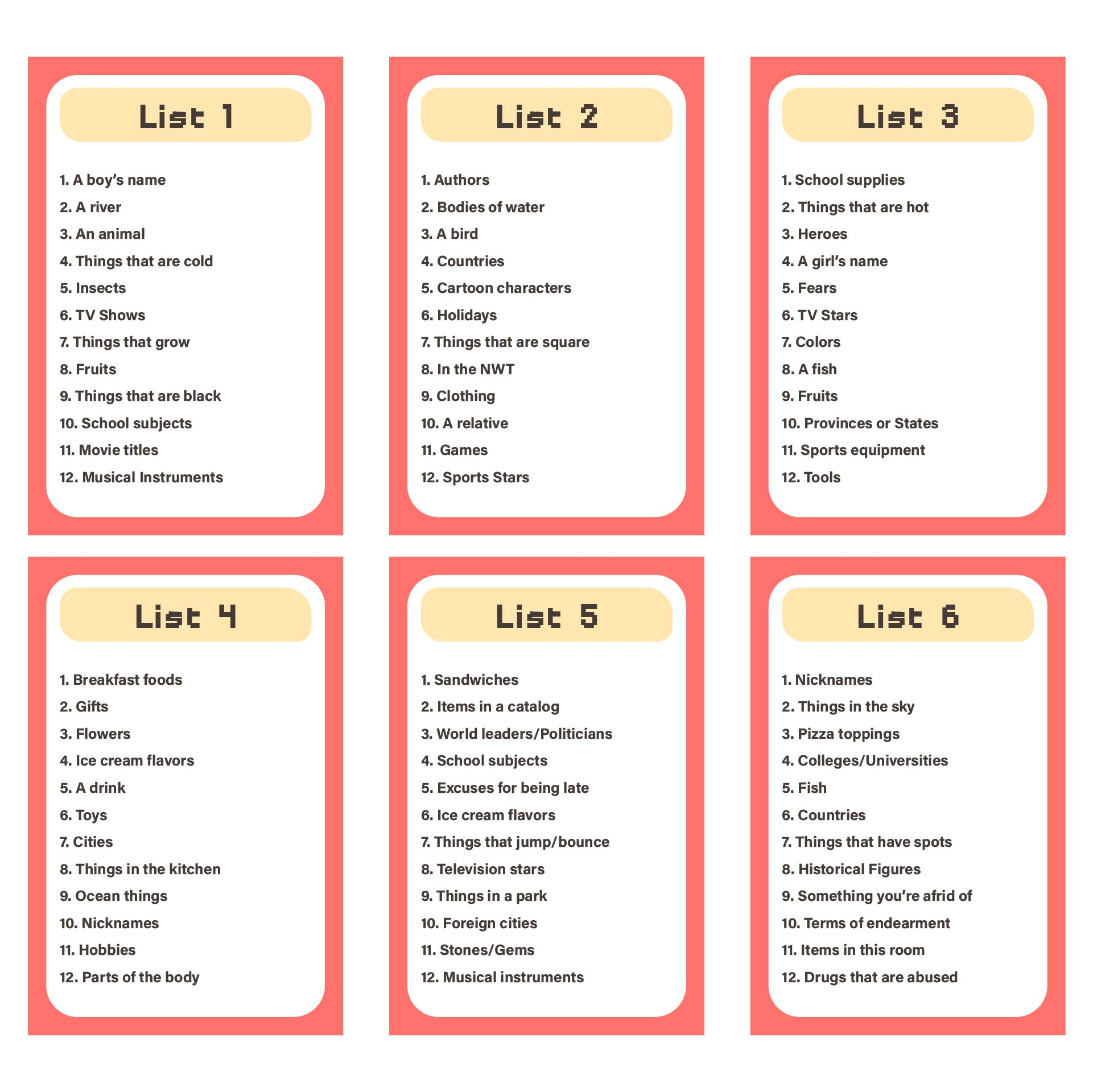 Scattergories Categories List 10 Free PDF Printables Printablee