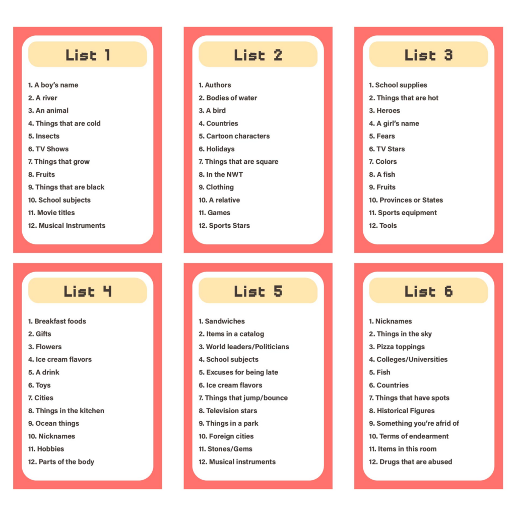 Scattergories Categories List 10 Free PDF Printables Printablee