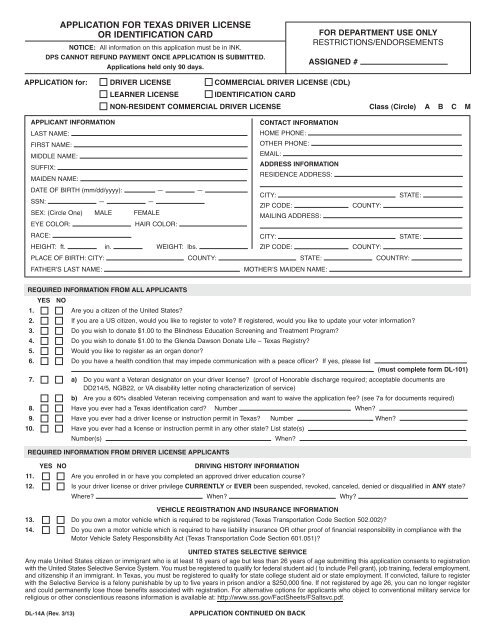 Texas ID Card Application Form