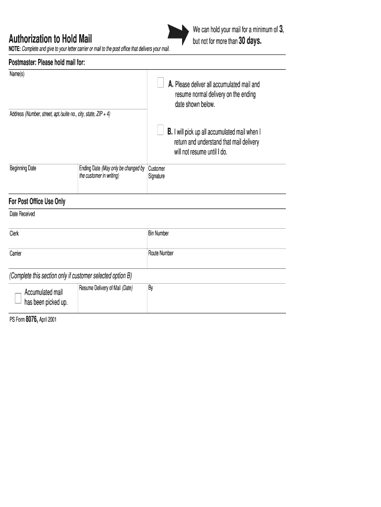 Us Postal Service Hold Mail Request 2001 2024 Form Fill Out And Sign 