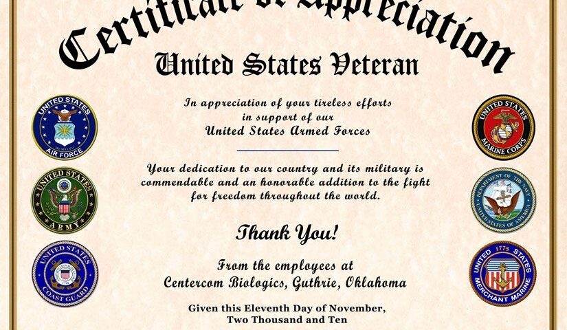 Veterans Day Free Printable Military Certificate Of Appreciation