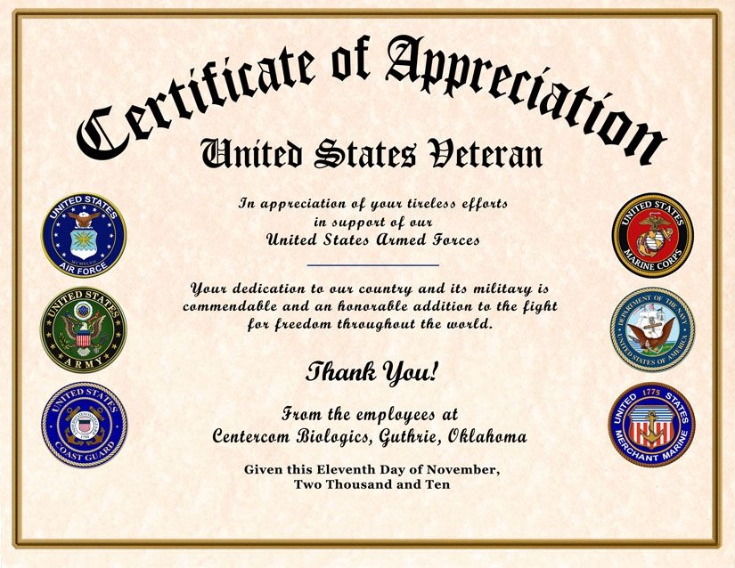 Veterans Day Free Printable Military Certificate Of Appreciation 